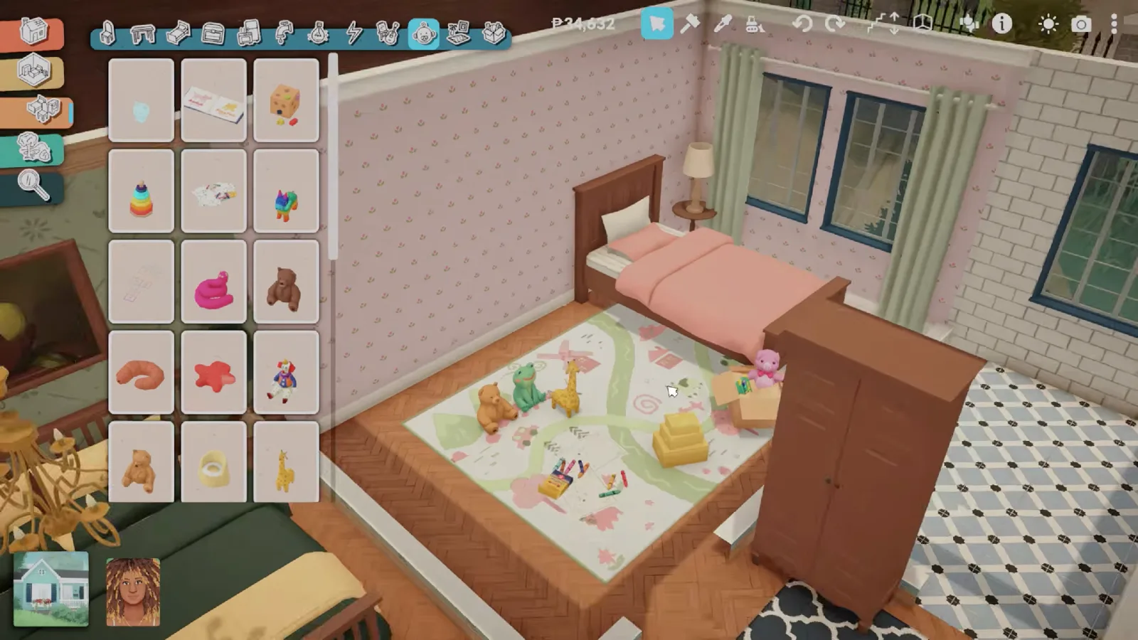 Kids' room in a Paralives brownstone with a pink bed and plushies from the official Unpacking collab items Kids' room in a Paralives brownstone with a pink bed and plushies from the official Unpacking collab items