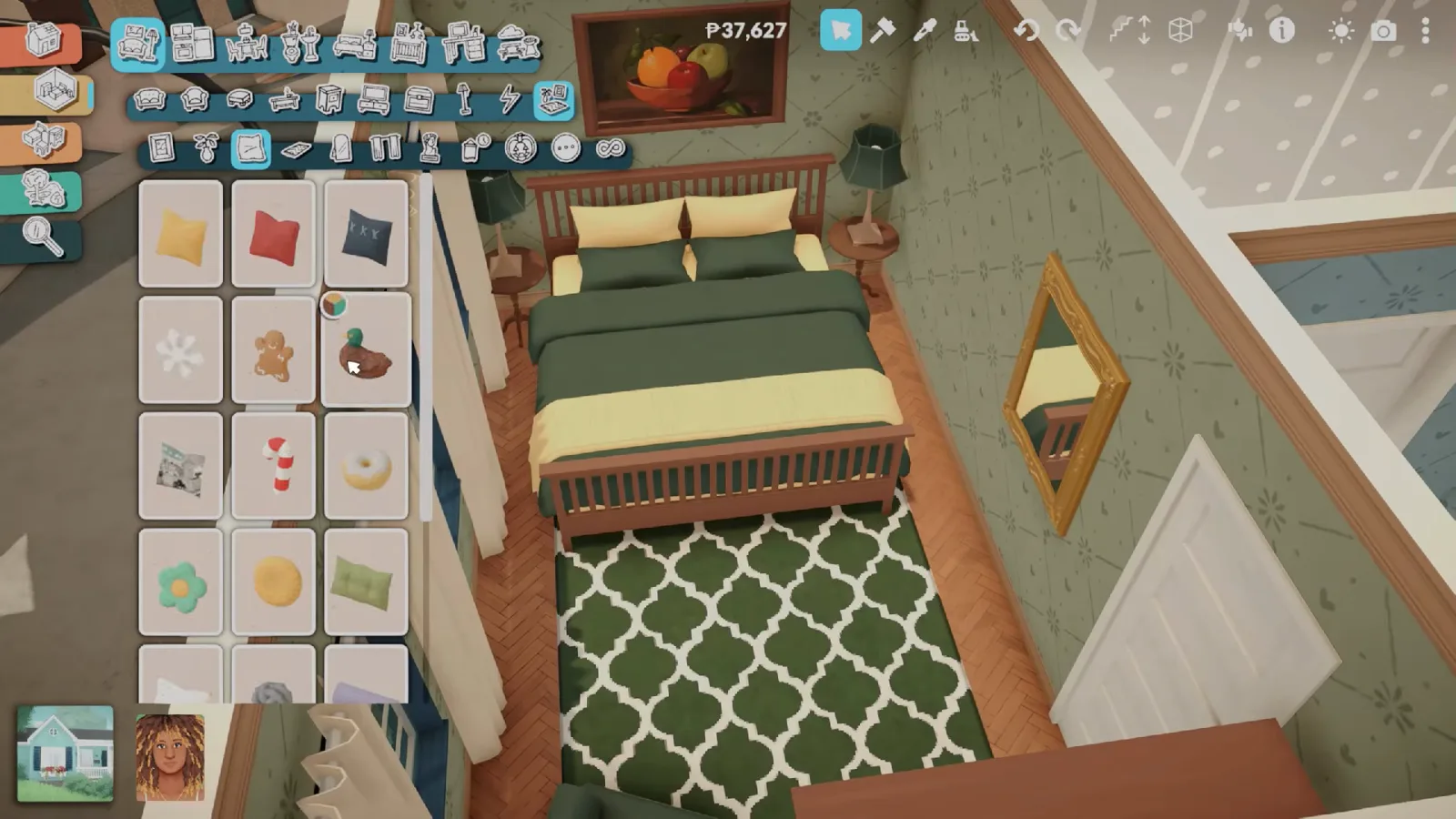 Master bedroom of a Paralives brownstone with a green bed, yellow pillows and a quatrefoil rug Master bedroom of a Paralives brownstone with a green bed, yellow pillows and a quatrefoil rug