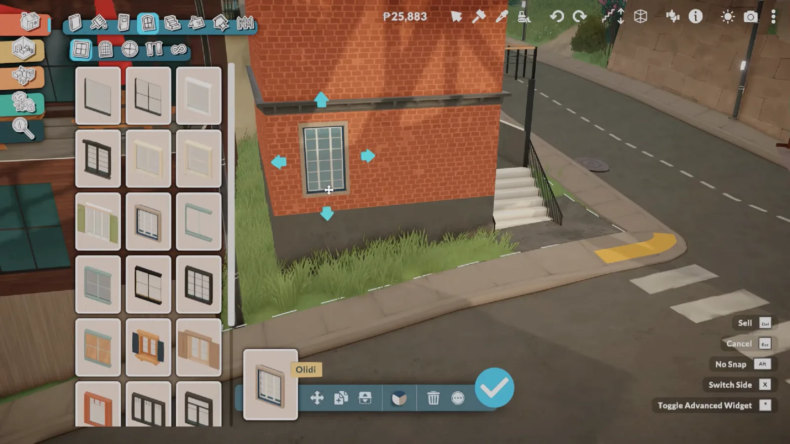 Paralives window catalogue with a tall multi-pane window selected in cyan on the front of a brick brownstone Paralives window catalogue with a tall multi-pane window selected in cyan on the front of a brick brownstone