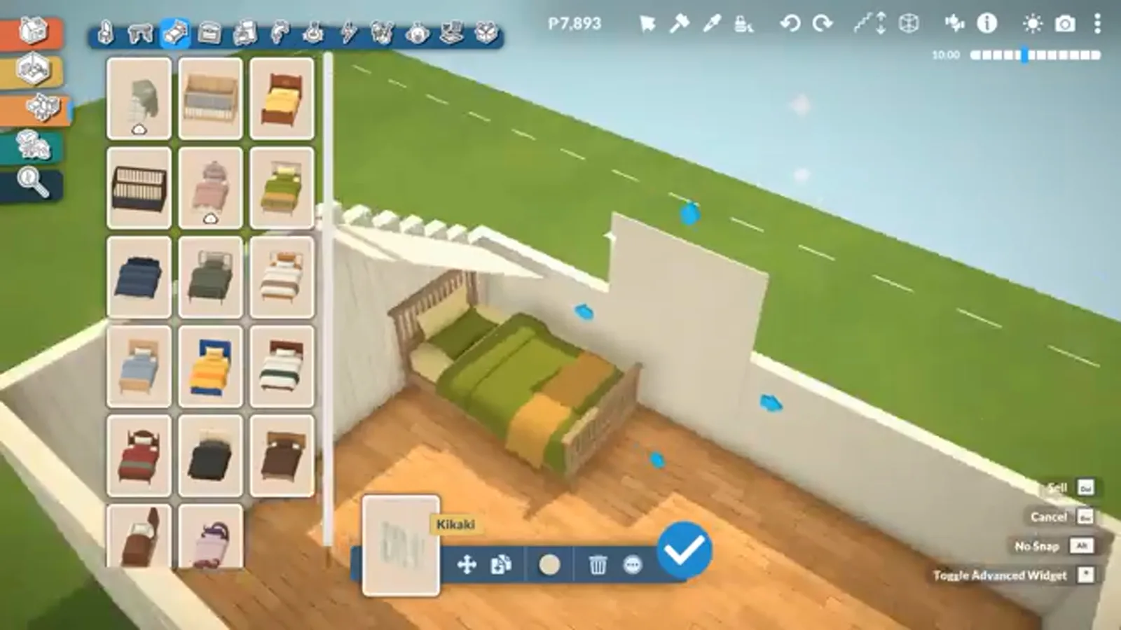 Duplicating an architectural wall piece on a half-built attic room in Paralives with the item toolbar open Duplicating an architectural wall piece on a half-built attic room in Paralives with the item toolbar open