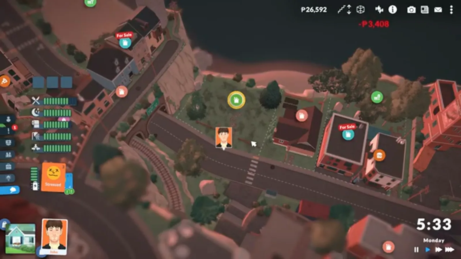 Selecting a lot on the Paralives town map to open its action panel Selecting a lot on the Paralives town map to open its action panel