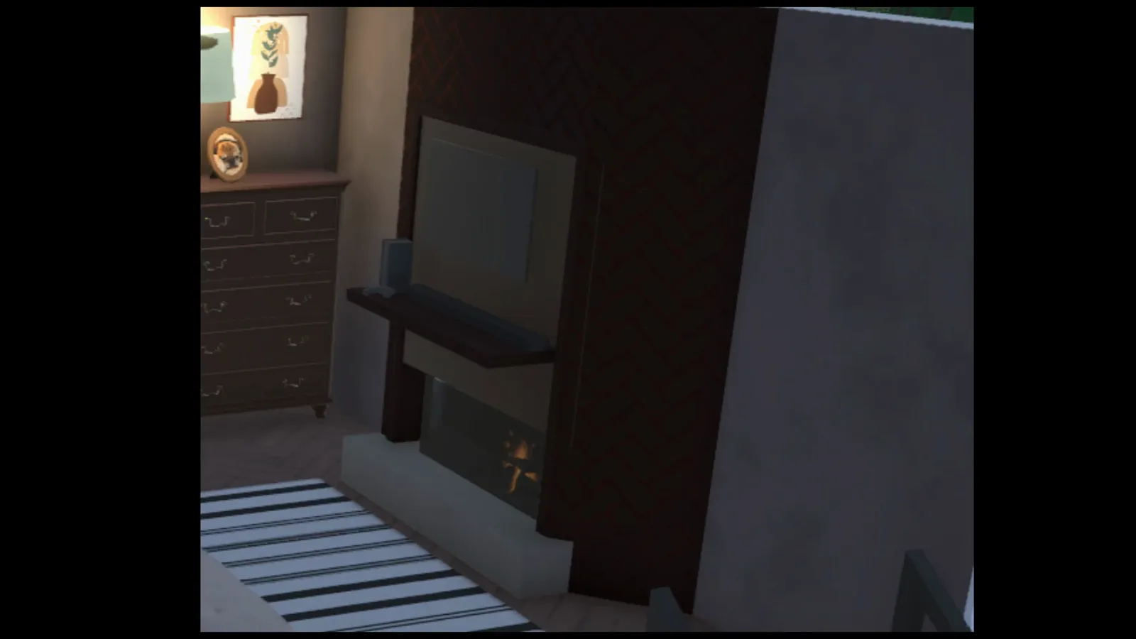 A Paralives living room at night with the fireplace lit beside a dark dresser, striped rug and framed wall art A Paralives living room at night with the fireplace lit beside a dark dresser, striped rug and framed wall art