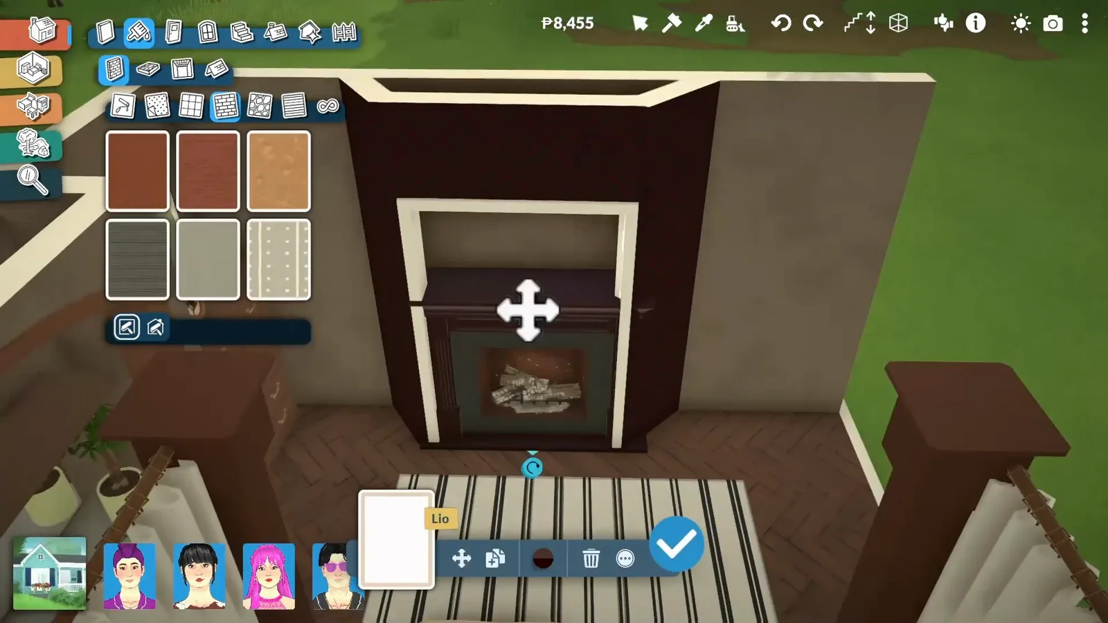 A dark Paralives fireplace placed against the room wall with logs in the firebox and the wall paint swatches open A dark Paralives fireplace placed against the room wall with logs in the firebox and the wall paint swatches open