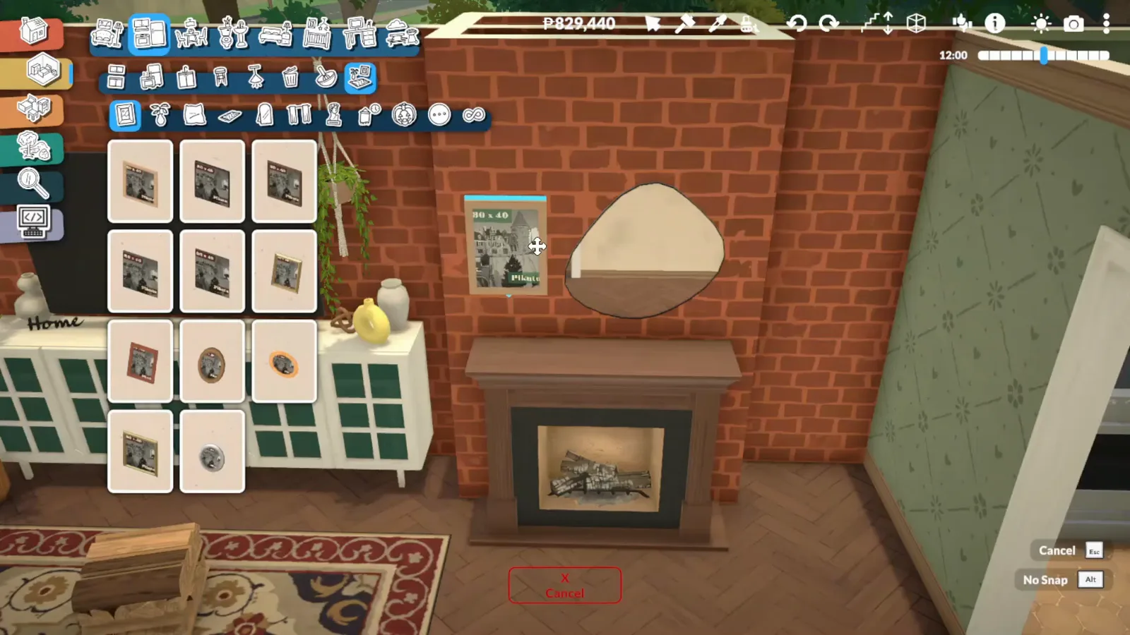A finished Paralives fireplace set into a brick chimney breast with a landscape painting above the wooden mantel A finished Paralives fireplace set into a brick chimney breast with a landscape painting above the wooden mantel