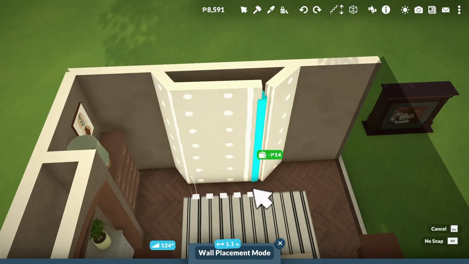 Drawing a short angled wall spur with Paralives Wall Placement Mode so the fireplace can sit recessed inside the living room wall Drawing a short angled wall spur with Paralives Wall Placement Mode so the fireplace can sit recessed inside the living room wall