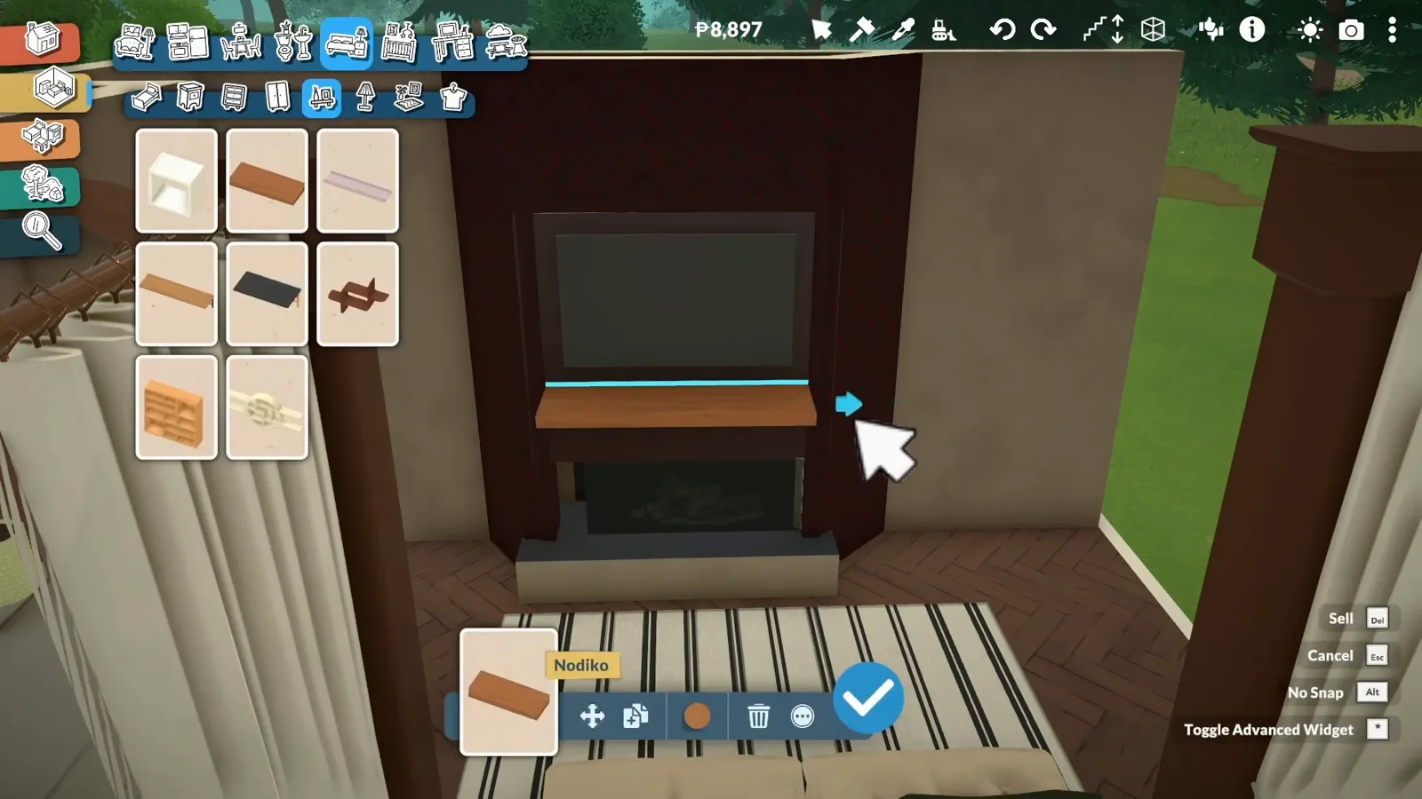 Stretching a light wooden shelf across a Paralives fireplace with the piece resize handle to create a mantel Stretching a light wooden shelf across a Paralives fireplace with the piece resize handle to create a mantel