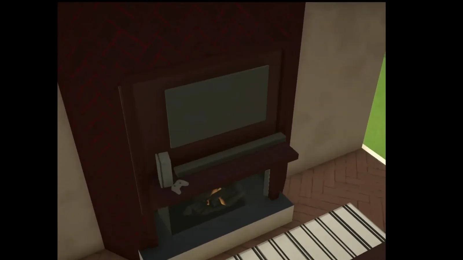 A finished dark-wood Paralives fireplace with flames burning in the firebox under a wall-mounted TV and a game controller resting on the mantel shelf A finished dark-wood Paralives fireplace with flames burning in the firebox under a wall-mounted TV and a game controller resting on the mantel shelf