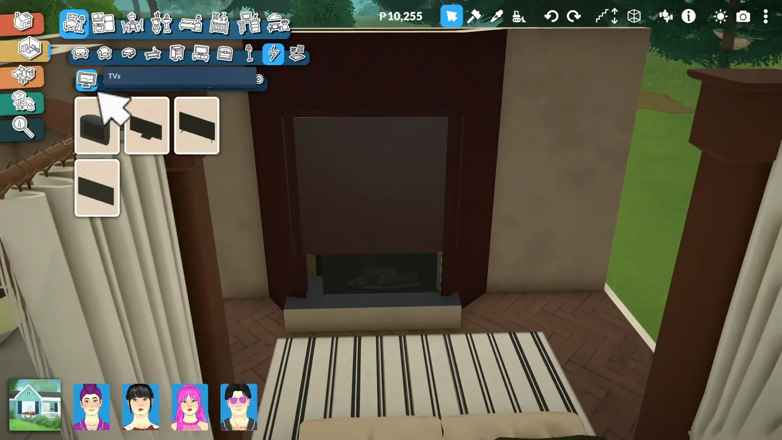 Browsing the Paralives TVs catalogue while a television sits mounted on the wall above the fireplace opening Browsing the Paralives TVs catalogue while a television sits mounted on the wall above the fireplace opening