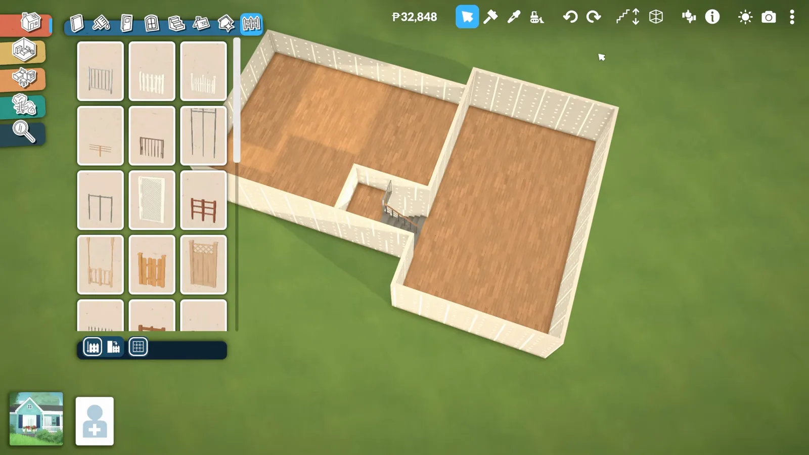 Paralives split-level interior from above showing wooden stairs with a fence railing closing the open edge beside the stairwell landing Paralives split-level interior from above showing wooden stairs with a fence railing closing the open edge beside the stairwell landing