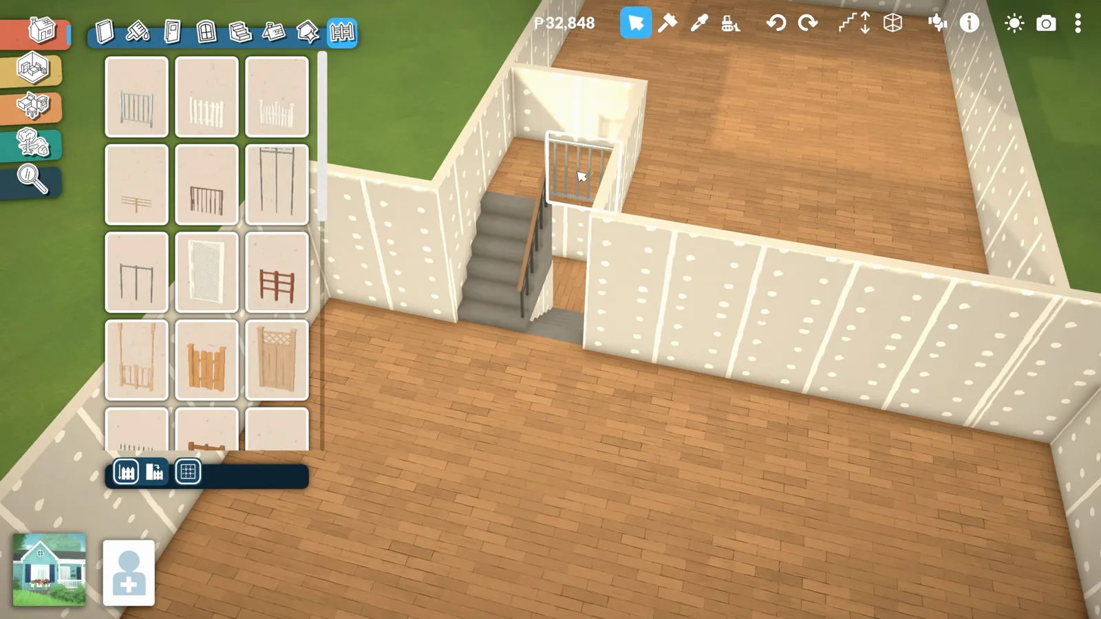 Paralives half-wall railing closing the open edge beside a split-level staircase where a fence fills the quarter-tile gap Paralives half-wall railing closing the open edge beside a split-level staircase where a fence fills the quarter-tile gap