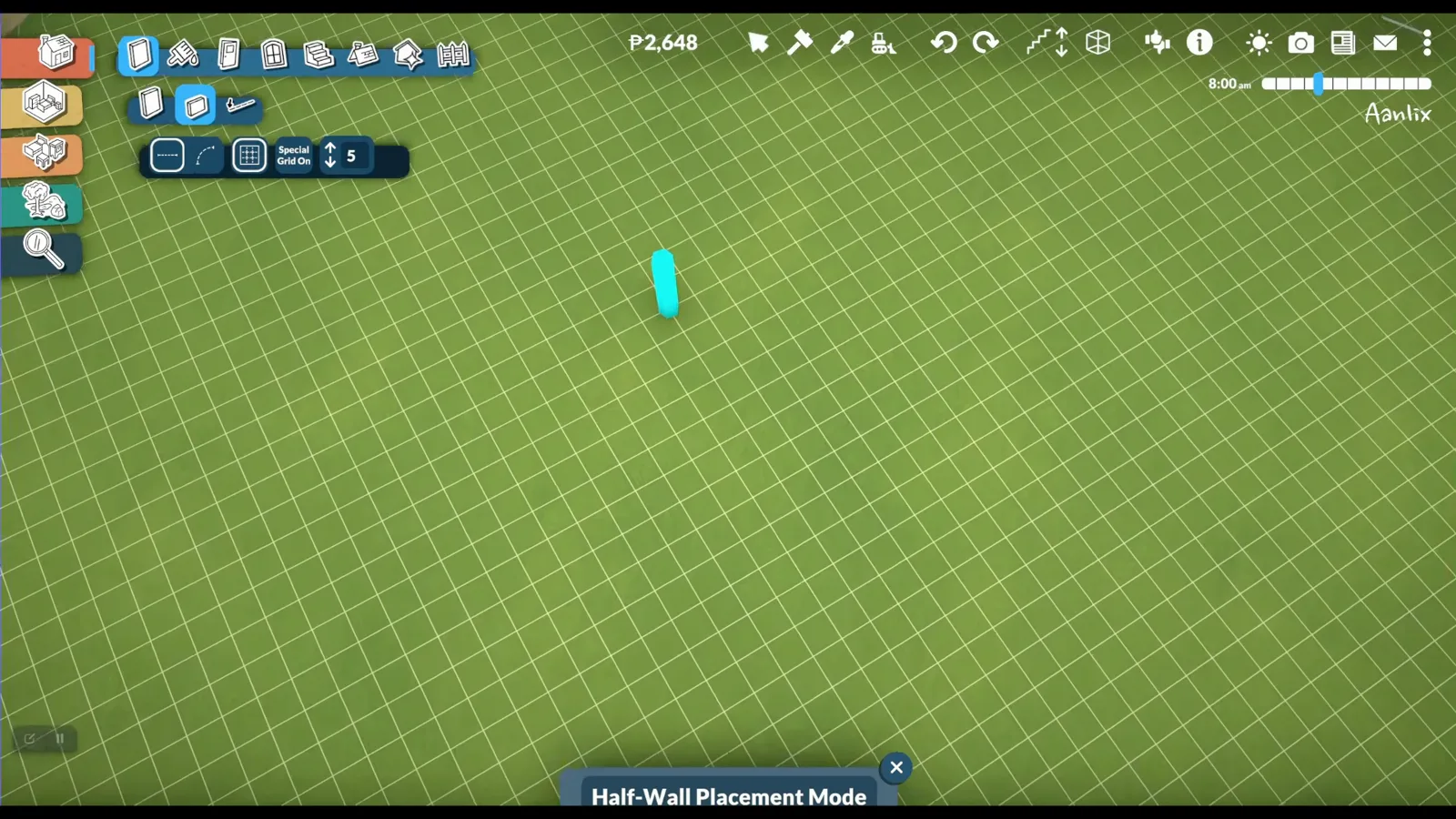 Paralives Half-Wall Placement Mode on a grassy lot grid with the wall catalogue open before drawing the first pony-wall segment Paralives Half-Wall Placement Mode on a grassy lot grid with the wall catalogue open before drawing the first pony-wall segment