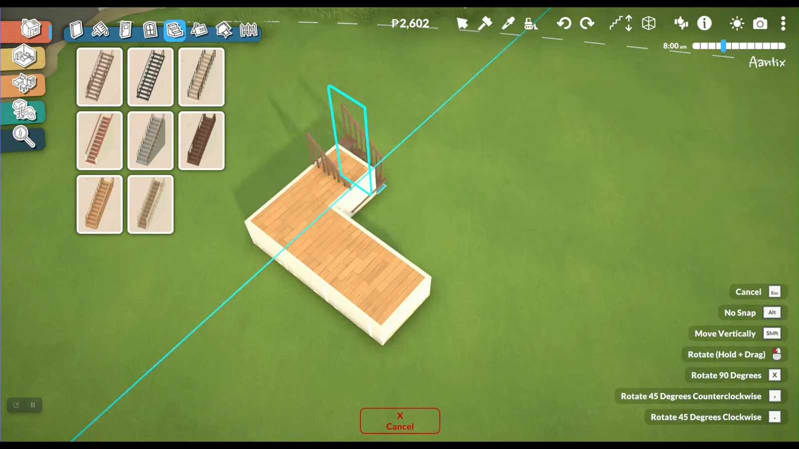 Paralives wooden staircase snapped onto an L-shaped half-wall platform with the stairs catalogue open between two raised floor levels Paralives wooden staircase snapped onto an L-shaped half-wall platform with the stairs catalogue open between two raised floor levels