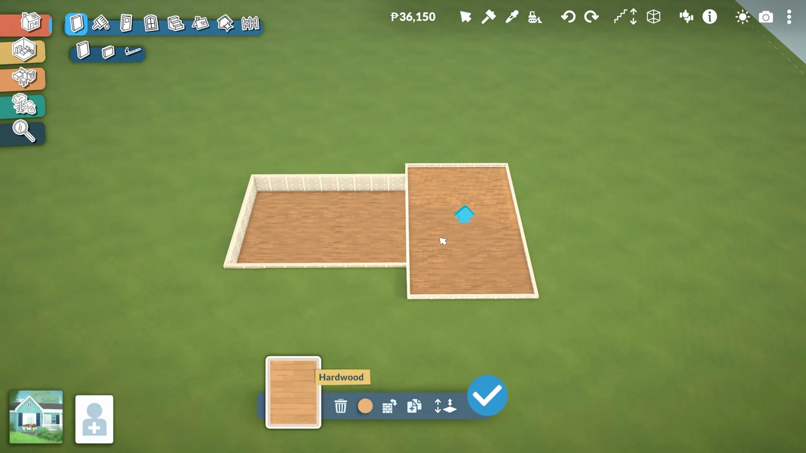 Blue floor arrow in Paralives dragging one hardwood section upward until it sits one step below the shortened wall top beside a lower plate Blue floor arrow in Paralives dragging one hardwood section upward until it sits one step below the shortened wall top beside a lower plate