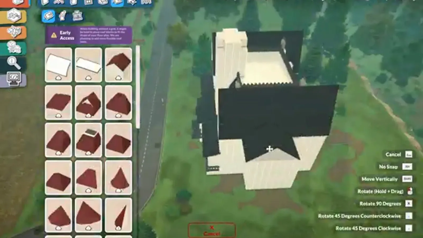 Rotação de uma peça de telhado em coruchéu íngreme sobre a torre de uma casa mal-assombrada no Paralives, com o widget de transformação Rotação de uma peça de telhado em coruchéu íngreme sobre a torre de uma casa mal-assombrada no Paralives, com o widget de transformação