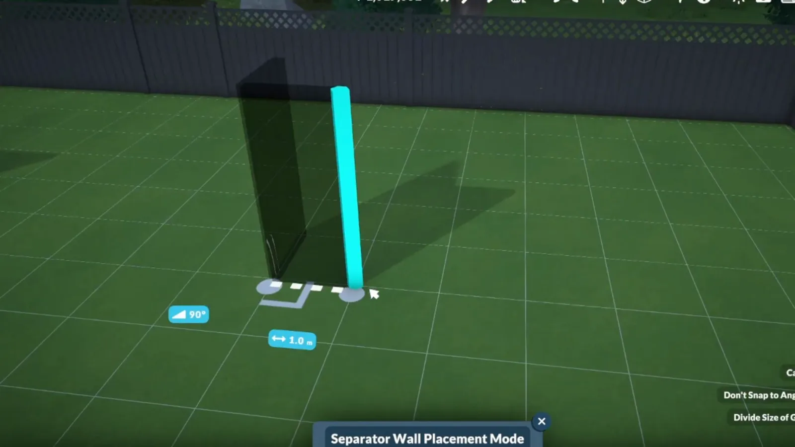 Drawing the first one-metre separator wall segment in Paralives build mode to start a custom kitchen island footprint Drawing the first one-metre separator wall segment in Paralives build mode to start a custom kitchen island footprint