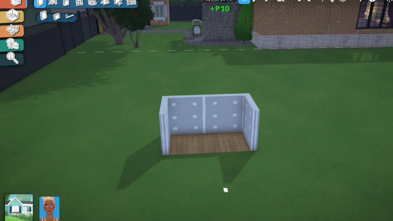 A finished Paralives half-wall island shell with the auto-created floor already reading as a wooden work surface A finished Paralives half-wall island shell with the auto-created floor already reading as a wooden work surface