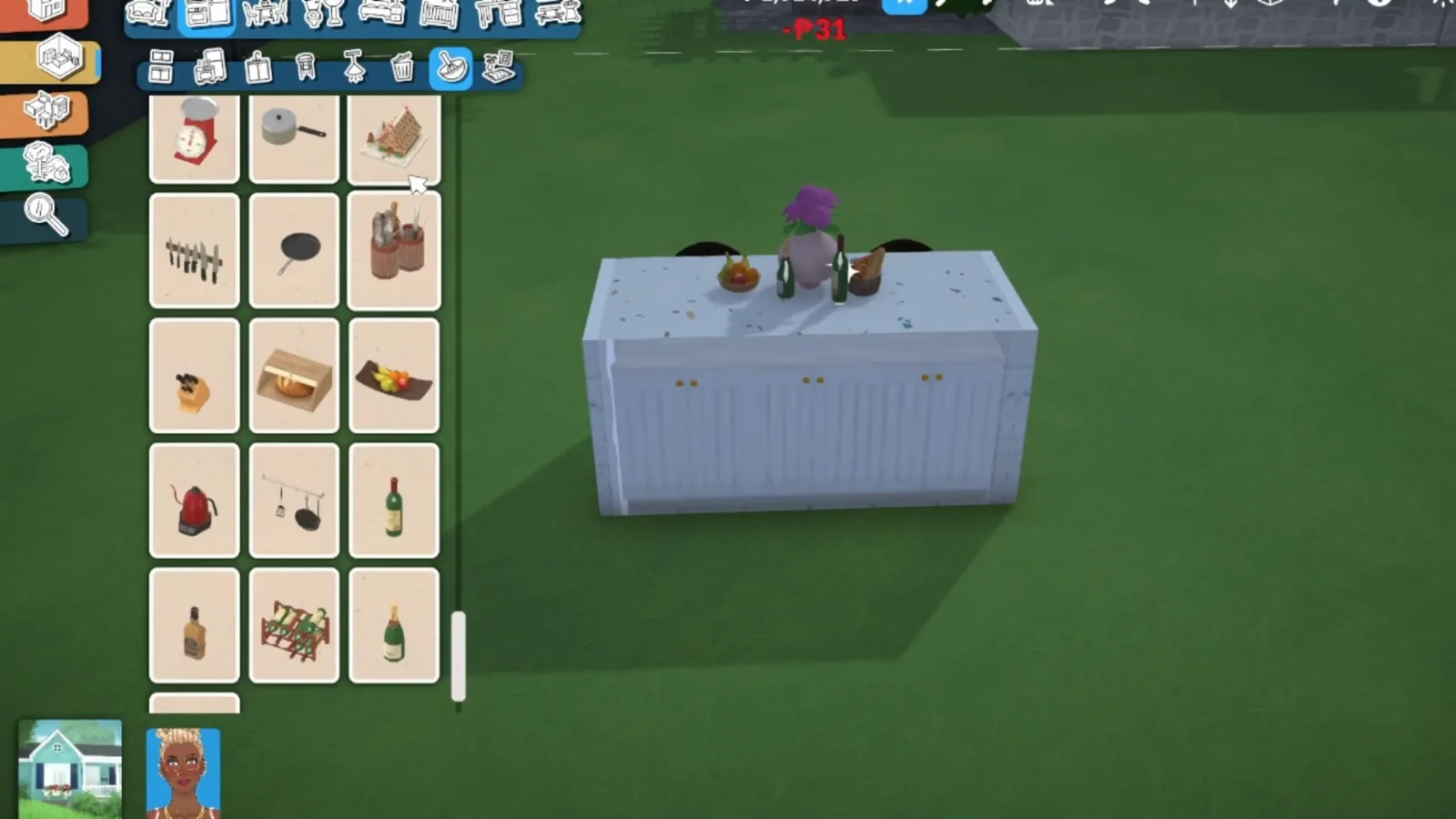 A completed Paralives kitchen island dressed with a fruit bowl, wine bottles, bread basket and flowers A completed Paralives kitchen island dressed with a fruit bowl, wine bottles, bread basket and flowers