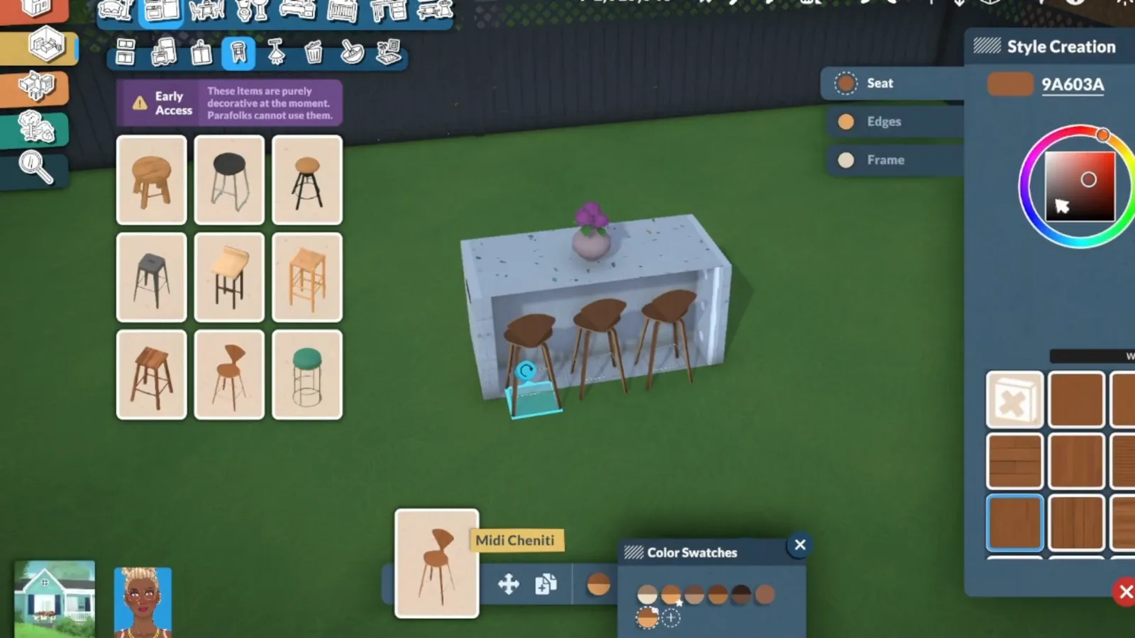 Recolouring three island stools in Paralives Style Creation by editing the seat, edges and frame separately Recolouring three island stools in Paralives Style Creation by editing the seat, edges and frame separately