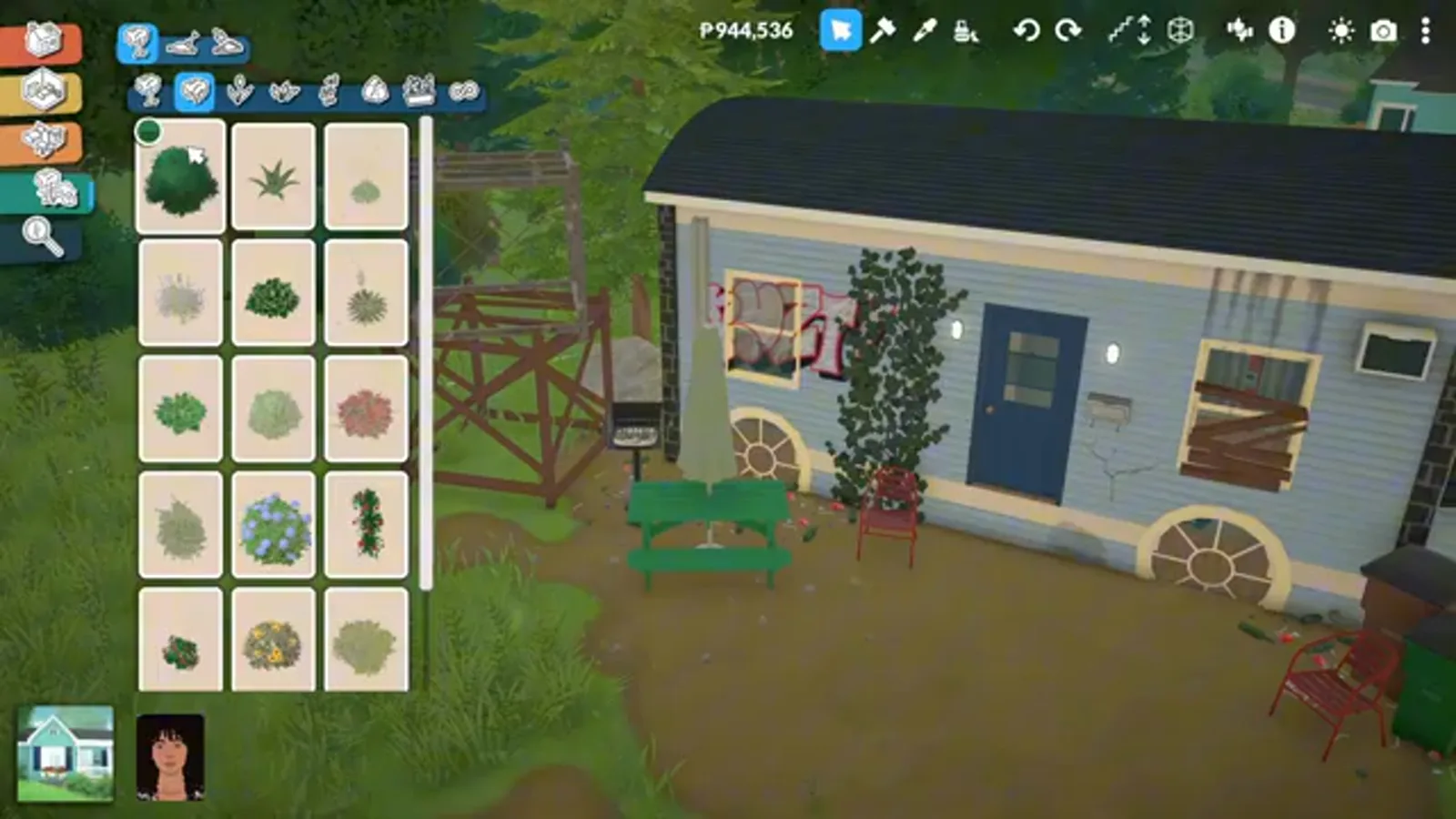 Finished cozy blue trailer home in Paralives with circular windows used as wheels and a climbing rose on the front Finished cozy blue trailer home in Paralives with circular windows used as wheels and a climbing rose on the front