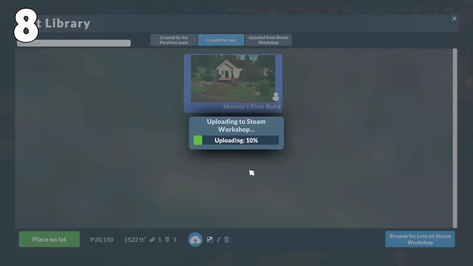 把 Paralives 地块从地块库上传到 Steam 创意工坊后弹出的上传成功提示