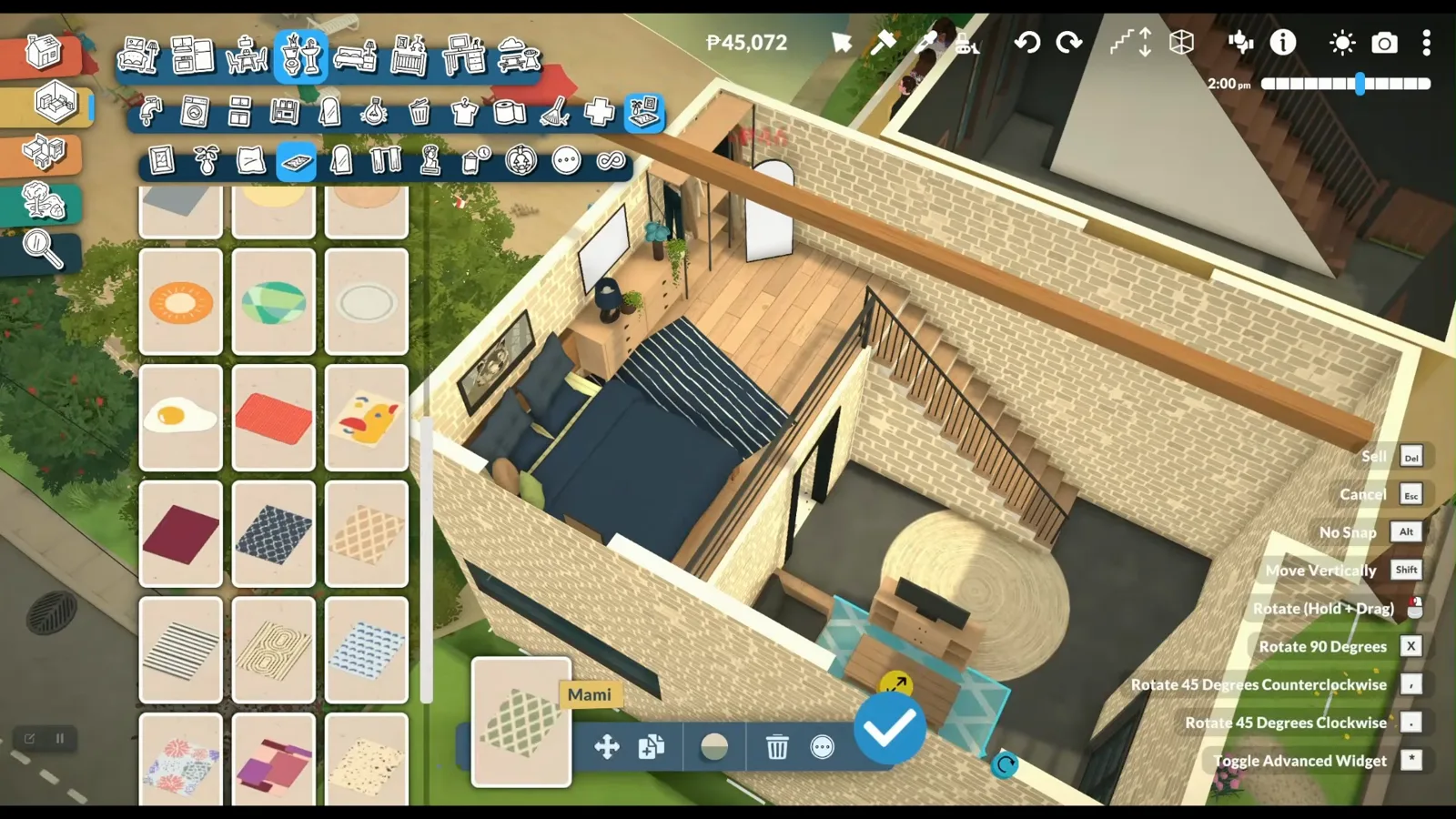 Finishing a Paralives loft bedroom under the skylight with a navy double bed and layered rugs Finishing a Paralives loft bedroom under the skylight with a navy double bed and layered rugs