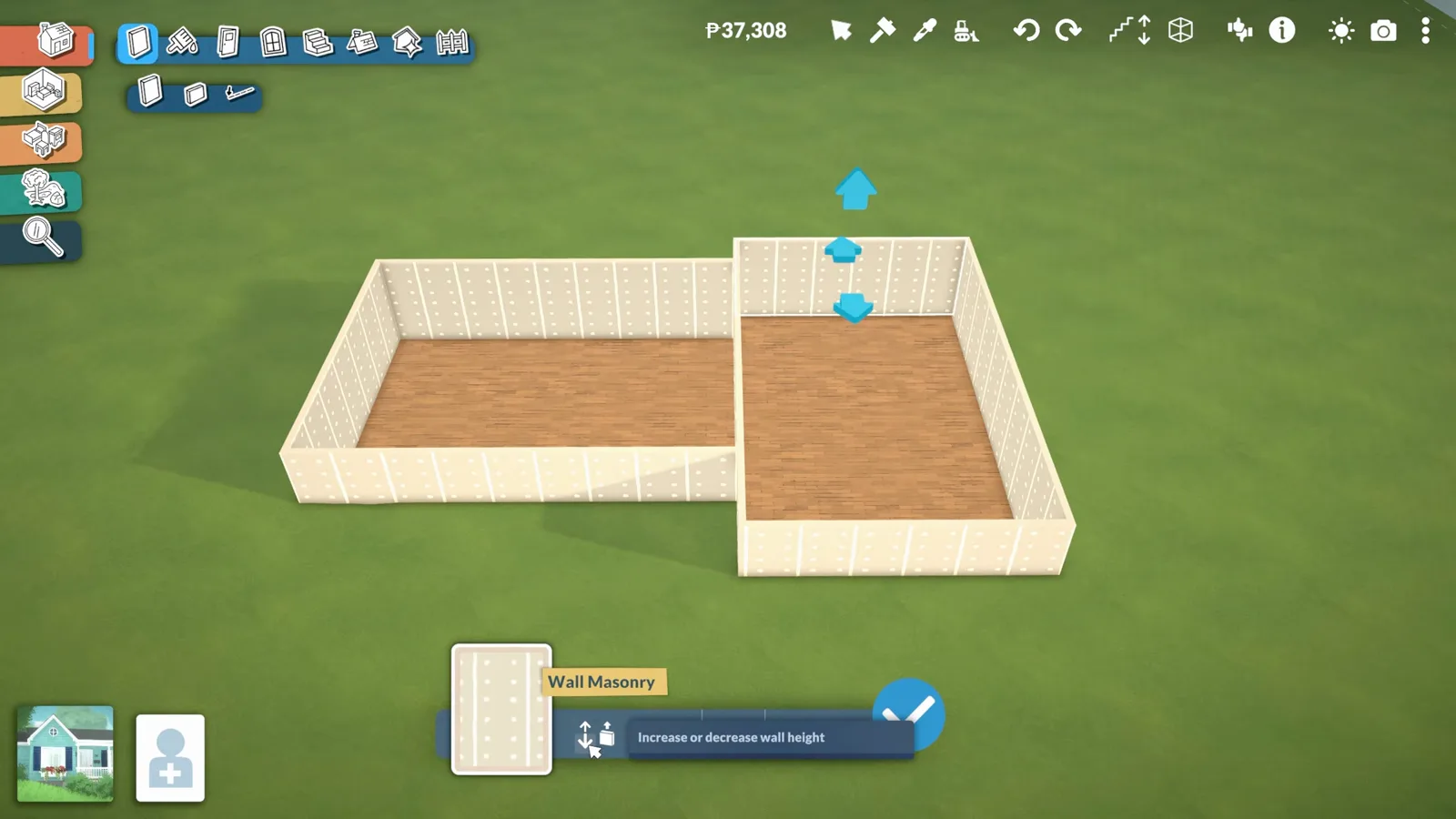 Paralives wall height panel showing decrease wall height clicked six times to create a half-story for a split-level floor plan