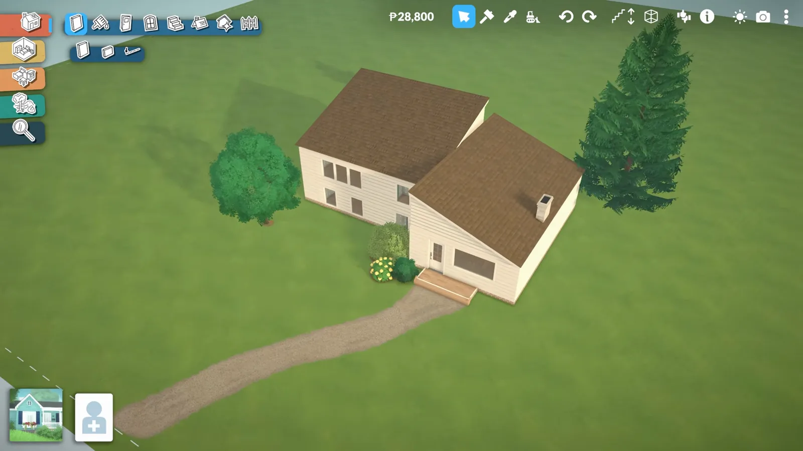 Paralives terrain height lower mode carving a shallow divot into a grassy lot before building a split-level house