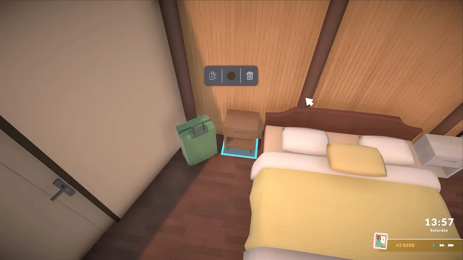 Paralives bedroom with a double bed, yellow bedding and wooden nightstands placed against a slat wall in a starter home for one Para Paralives bedroom with a double bed, yellow bedding and wooden nightstands placed against a slat wall in a starter home for one Para