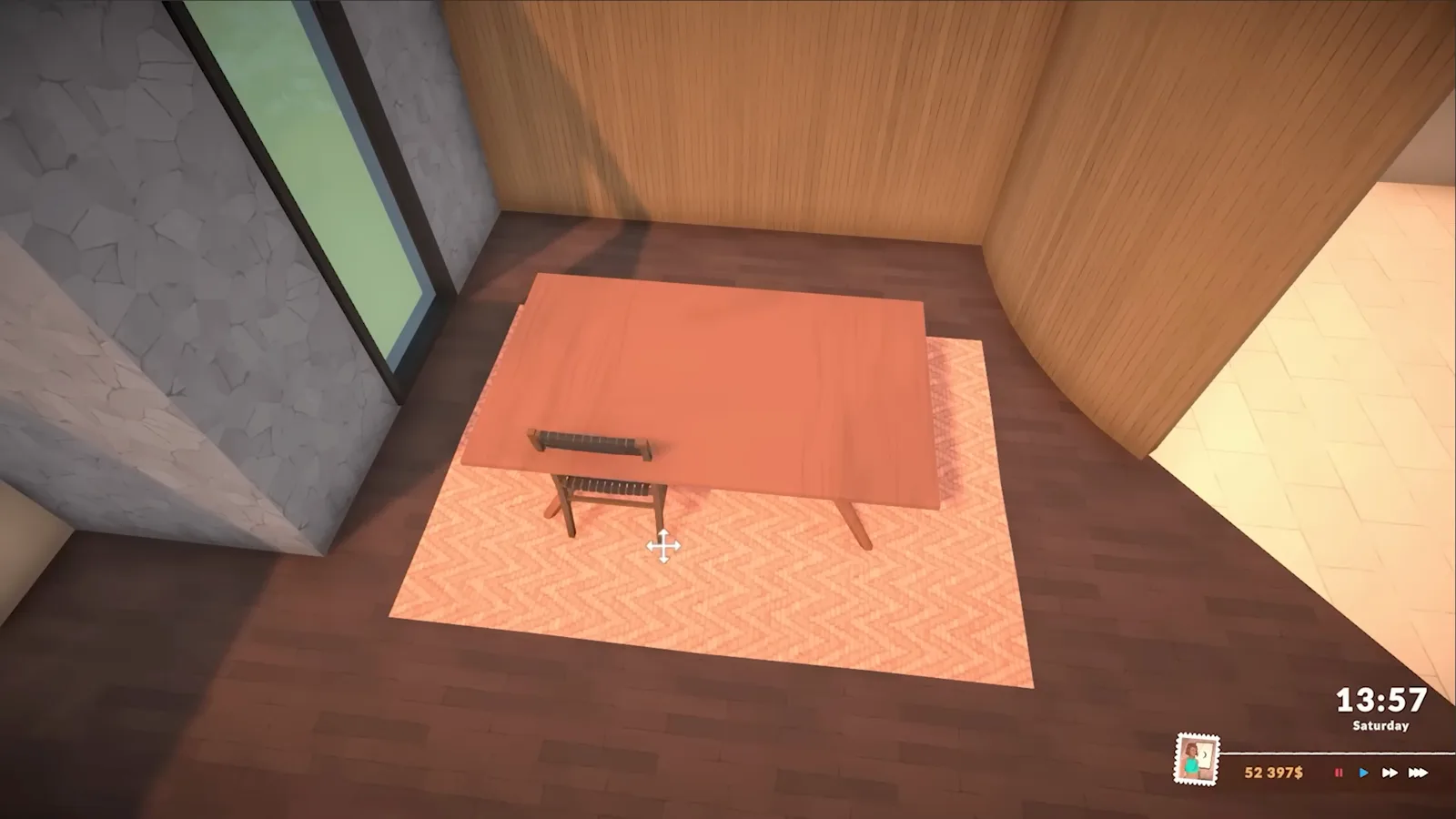 Square wooden dining table with black chairs placed on a peach chevron rug in the living area of a furnished Paralives starter home Square wooden dining table with black chairs placed on a peach chevron rug in the living area of a furnished Paralives starter home