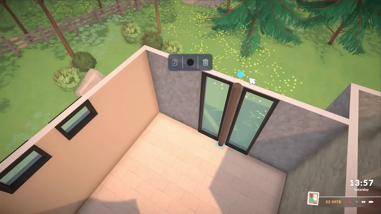 Paralives build mode placing tall black-framed glass doors and narrow windows on a sided starter-home shell with a stone accent wall Paralives build mode placing tall black-framed glass doors and narrow windows on a sided starter-home shell with a stone accent wall