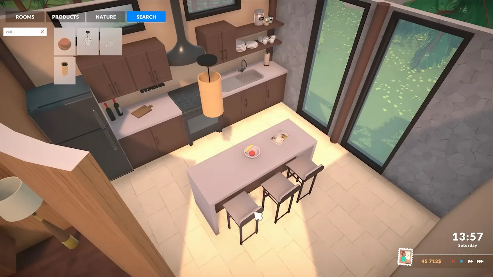 Paralives kitchen with a black refrigerator, stove and grey island counters placed in a tiled cooking zone during a first house build Paralives kitchen with a black refrigerator, stove and grey island counters placed in a tiled cooking zone during a first house build