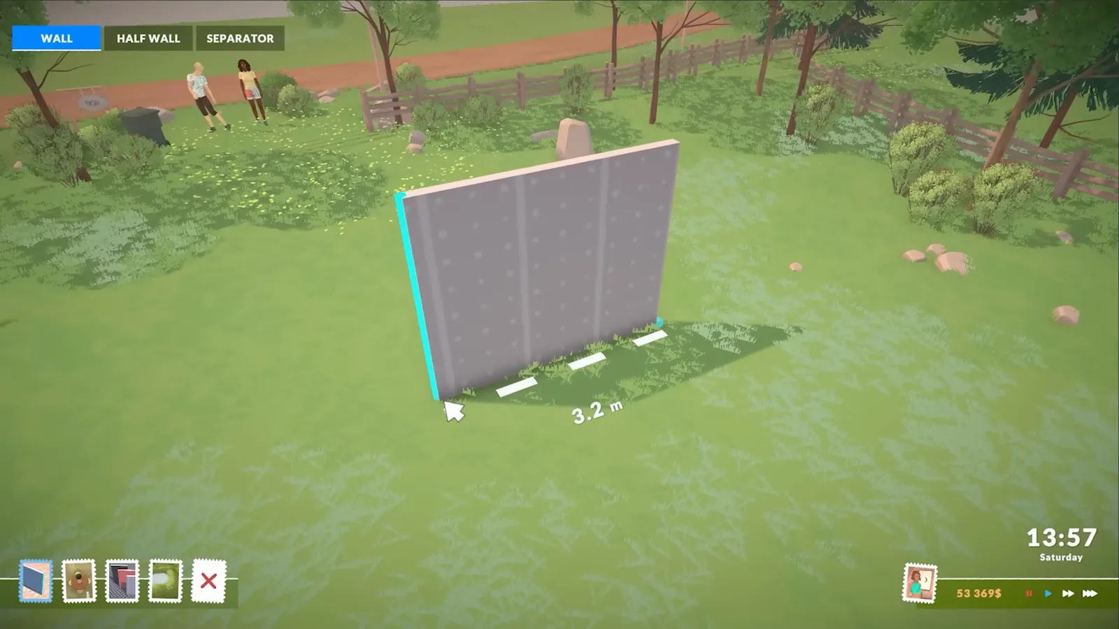 Paralives wall placement mode drawing an L-shaped outer footprint on a grass lot with blue measurement guides along each segment Paralives wall placement mode drawing an L-shaped outer footprint on a grass lot with blue measurement guides along each segment