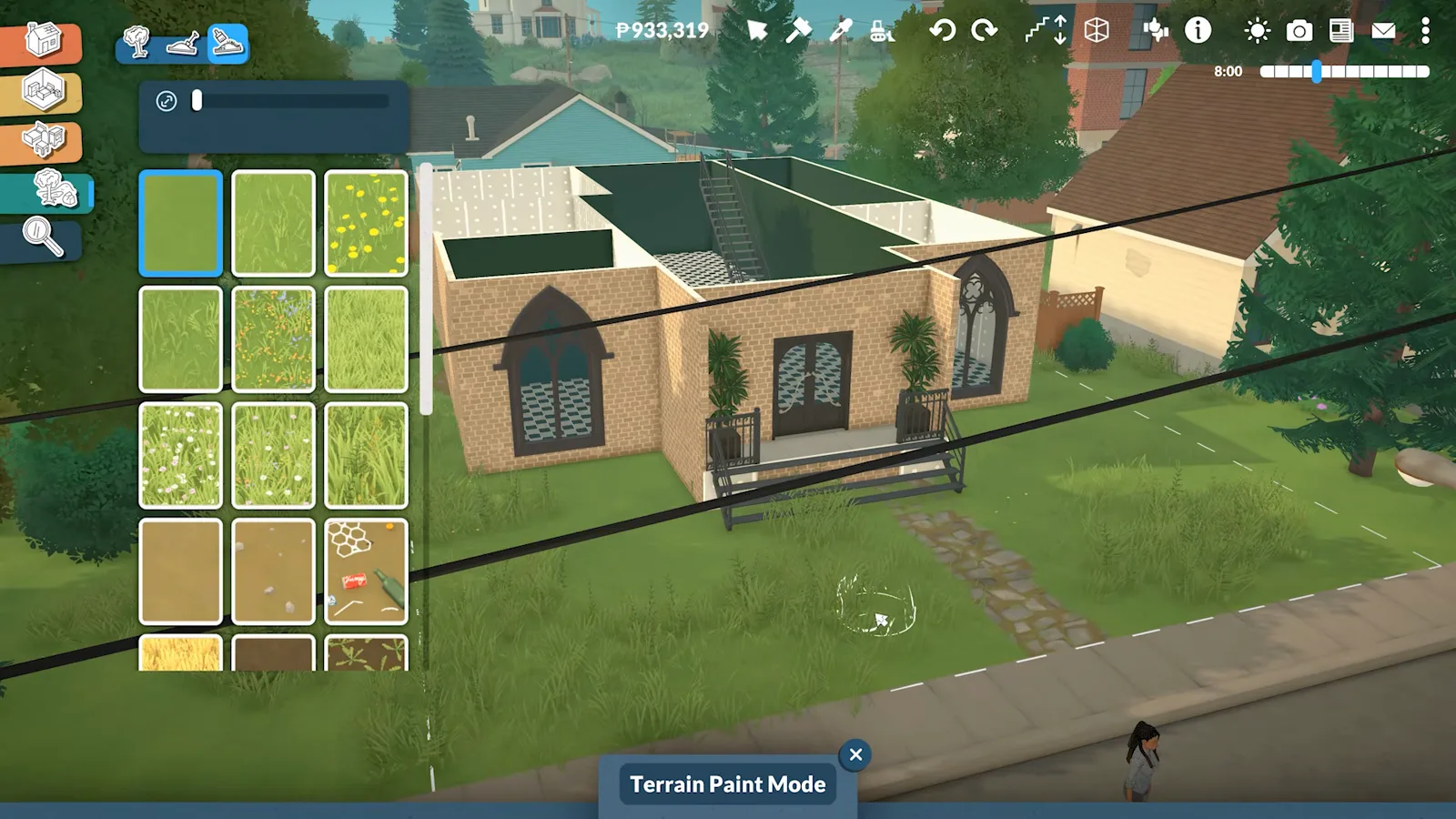 Paralives terrain paint brush clearing default weeds from grass around a brick house foundation Paralives terrain paint brush clearing default weeds from grass around a brick house foundation