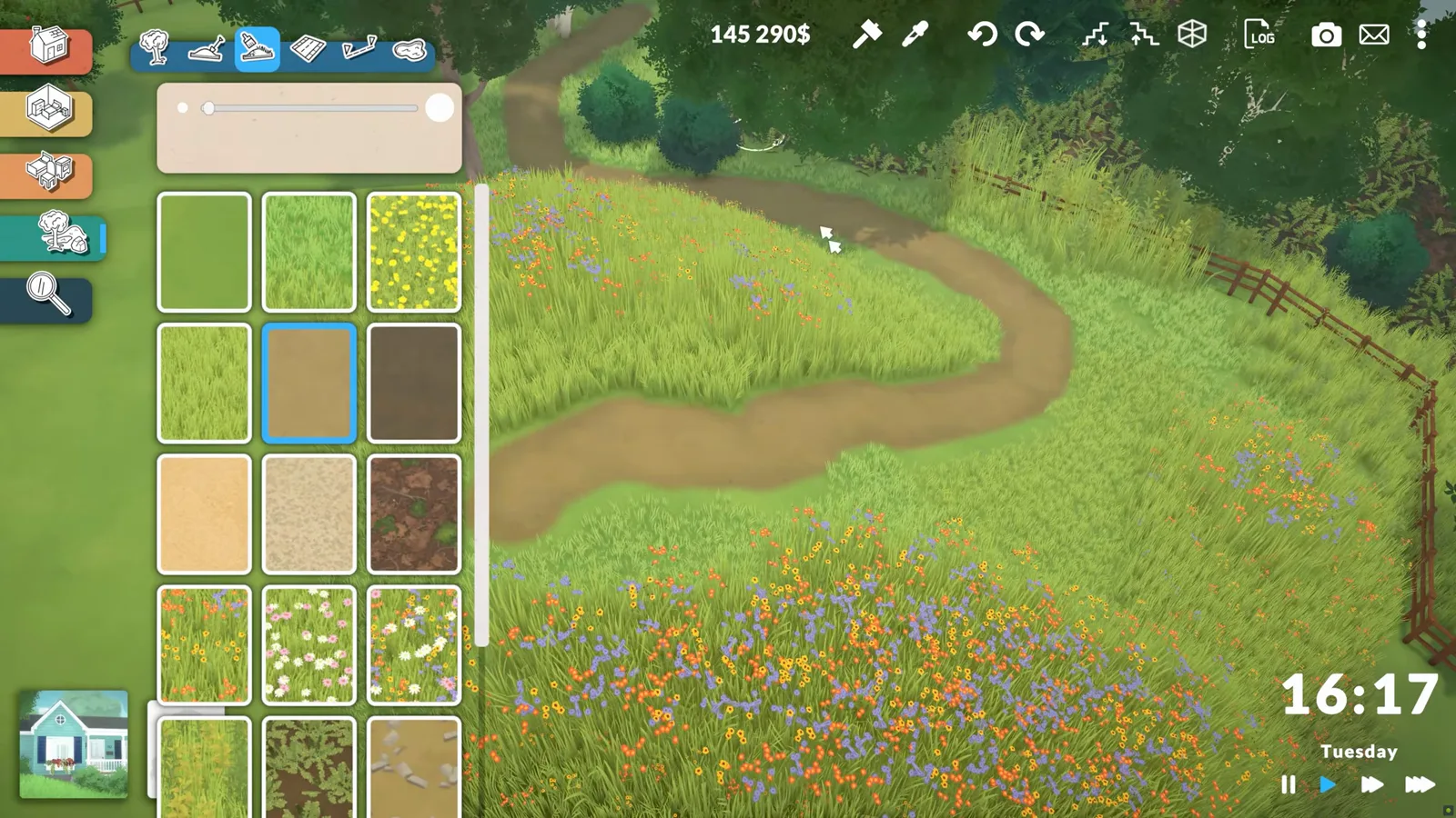 Paralives terrain paint mode brushing a winding brown dirt path through long grass and wildflowers beside a house Paralives terrain paint mode brushing a winding brown dirt path through long grass and wildflowers beside a house