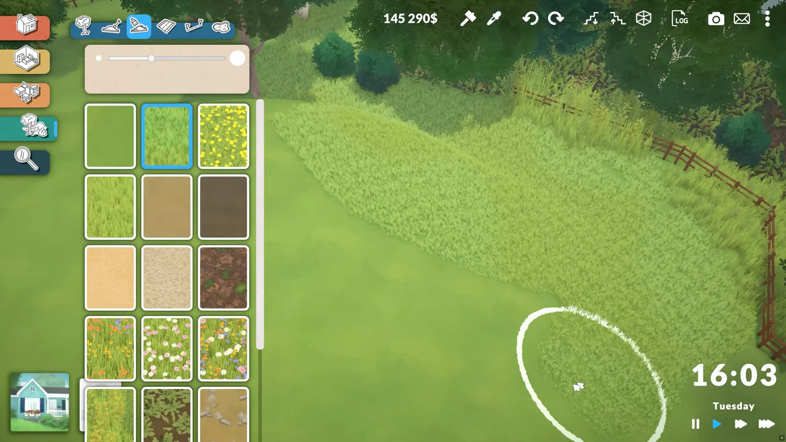 Paralives terrain paint mode applying long grass texture over a sculpted hill beside the build toolbar Paralives terrain paint mode applying long grass texture over a sculpted hill beside the build toolbar