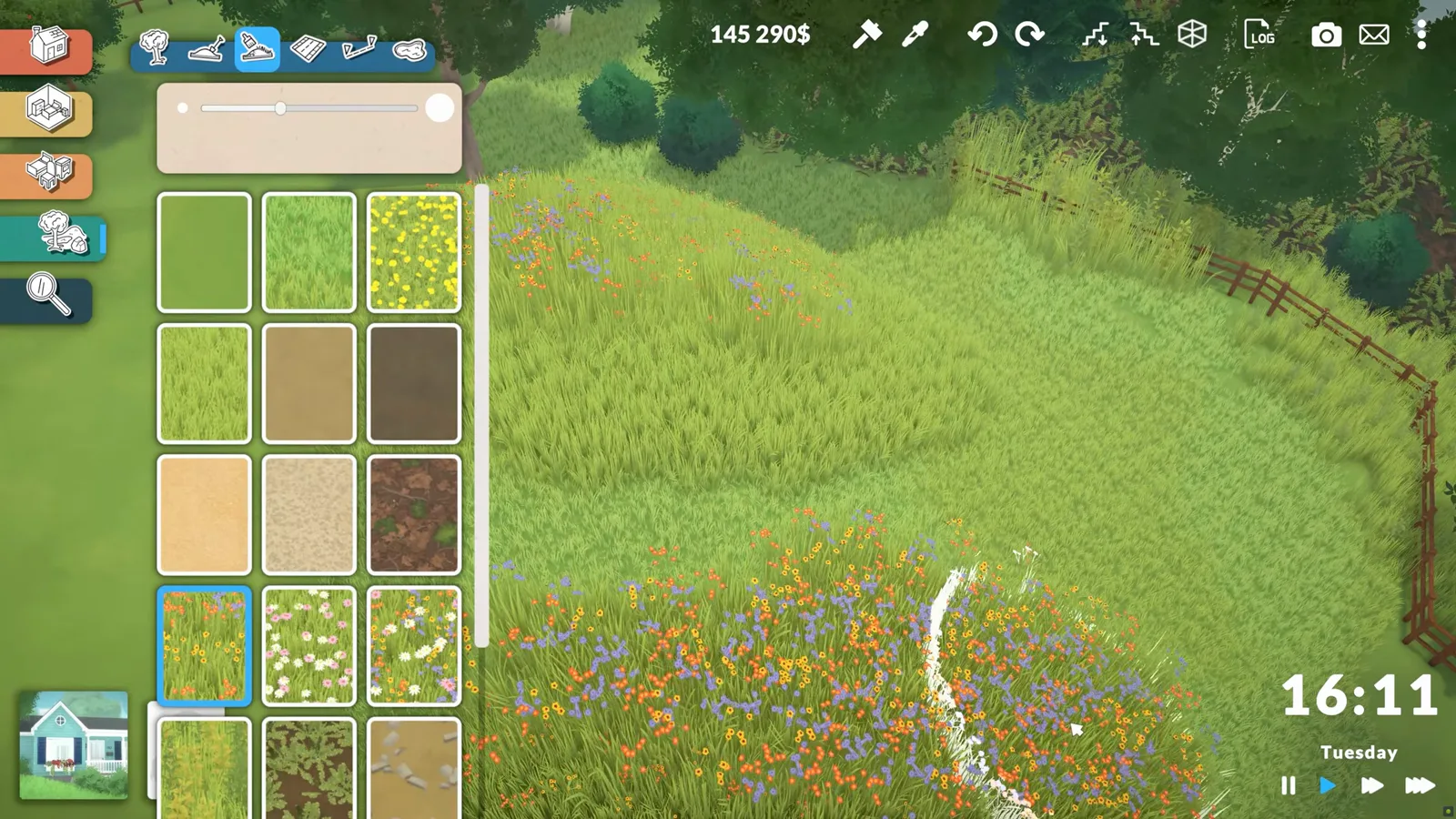 Wildflower terrain texture painted in patches across long grass on a Paralives lot during landscaping Wildflower terrain texture painted in patches across long grass on a Paralives lot during landscaping