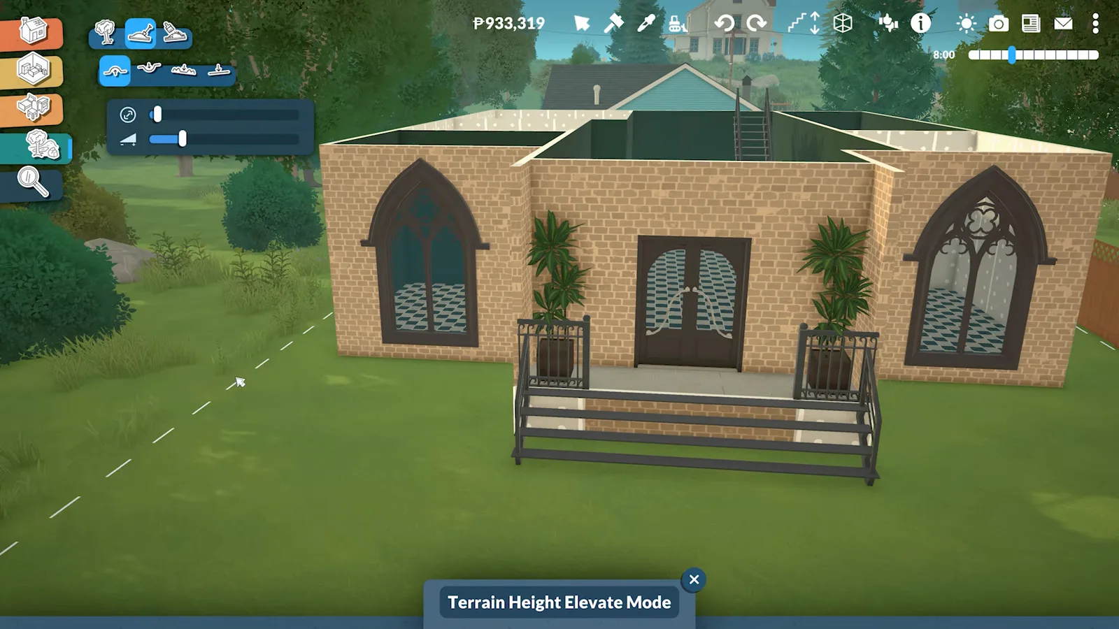 Paralives terrain height tools panel showing raise, lower, smooth and flatten brushes beside a finished house Paralives terrain height tools panel showing raise, lower, smooth and flatten brushes beside a finished house