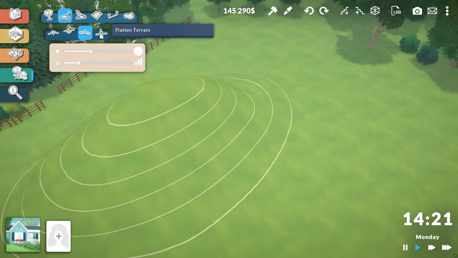 Multiple white contour lines on a Paralives hill showing elevation steps while sculpting terrain in build mode Multiple white contour lines on a Paralives hill showing elevation steps while sculpting terrain in build mode