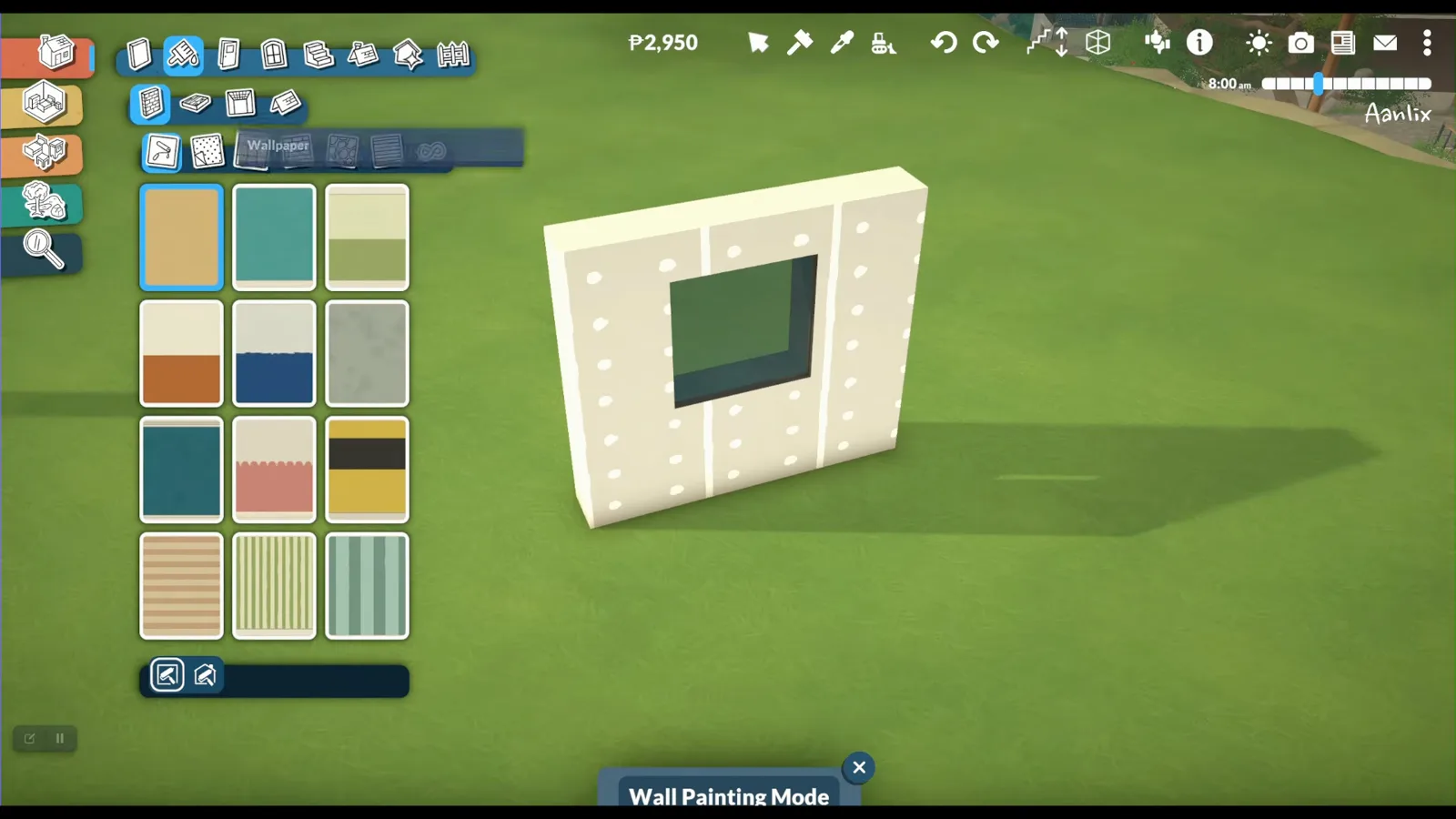 Paralives Wall Painting Mode with the wallpaper swatch grid open beside a thick wall segment that already has a square window cutout Paralives Wall Painting Mode with the wallpaper swatch grid open beside a thick wall segment that already has a square window cutout