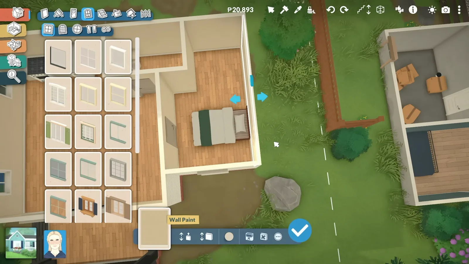 Paralives Windows catalogue grid open beside a furnished bedroom lot, showing rectangular panes and shuttered styles ready to pick Paralives Windows catalogue grid open beside a furnished bedroom lot, showing rectangular panes and shuttered styles ready to pick