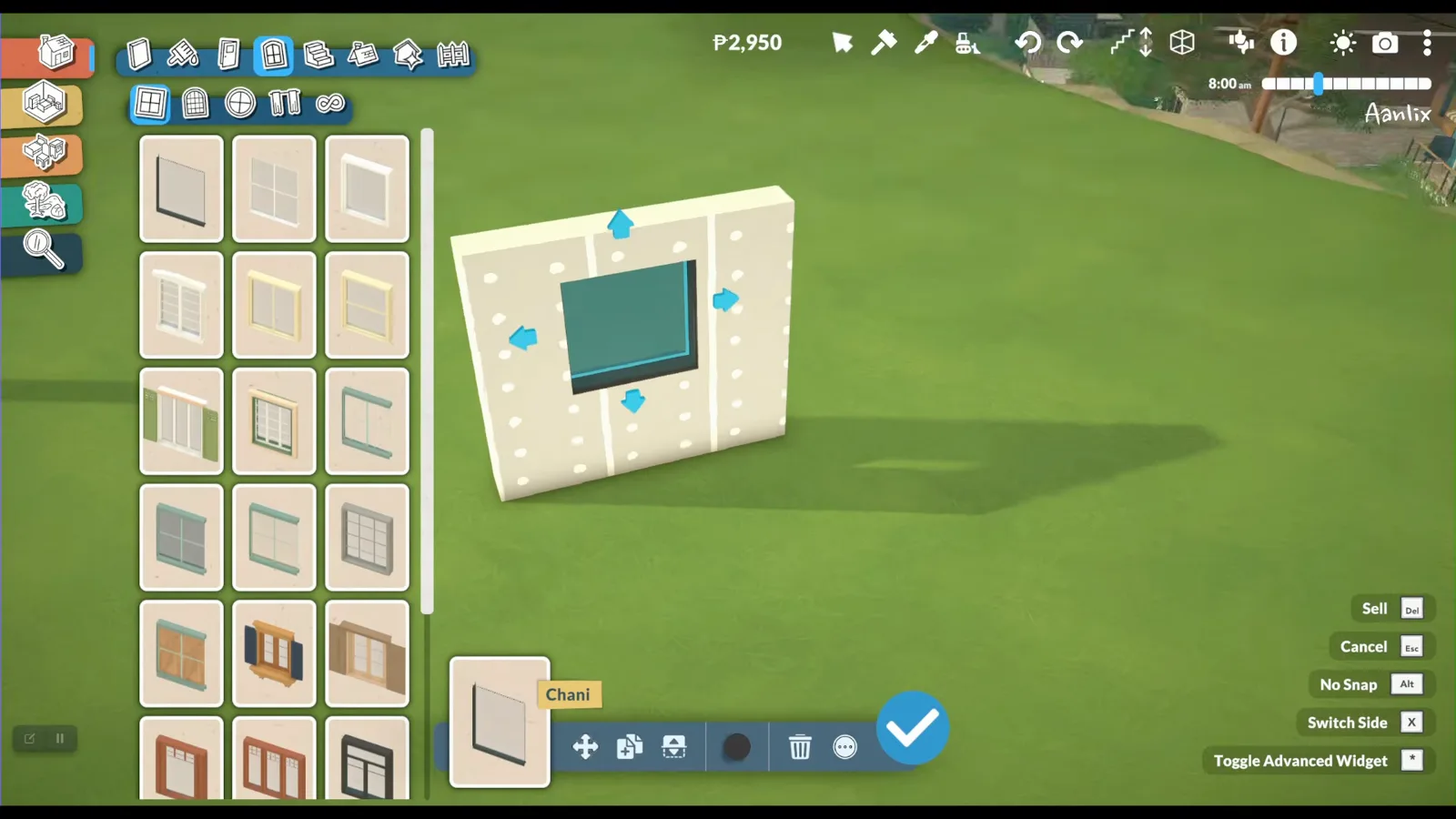 Paralives window selected on a thick wall with blue resize arrows on all four sides and the Window object panel at the bottom Paralives window selected on a thick wall with blue resize arrows on all four sides and the Window object panel at the bottom