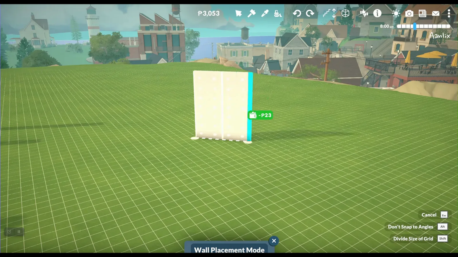 Paralives Wall Placement Mode drawing a straight white wall segment on a gridded grass field with a blue highlight on the active end Paralives Wall Placement Mode drawing a straight white wall segment on a gridded grass field with a blue highlight on the active end