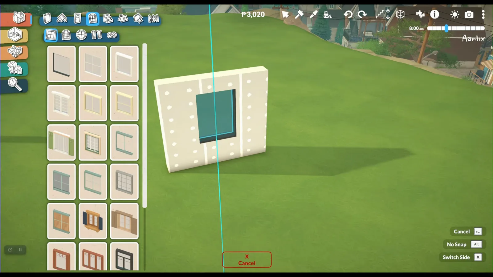 Thick cream masonry wall segment on a Paralives grass lot with a square window snapped into the opening and a cyan vertical alignment guide through the center Thick cream masonry wall segment on a Paralives grass lot with a square window snapped into the opening and a cyan vertical alignment guide through the center
