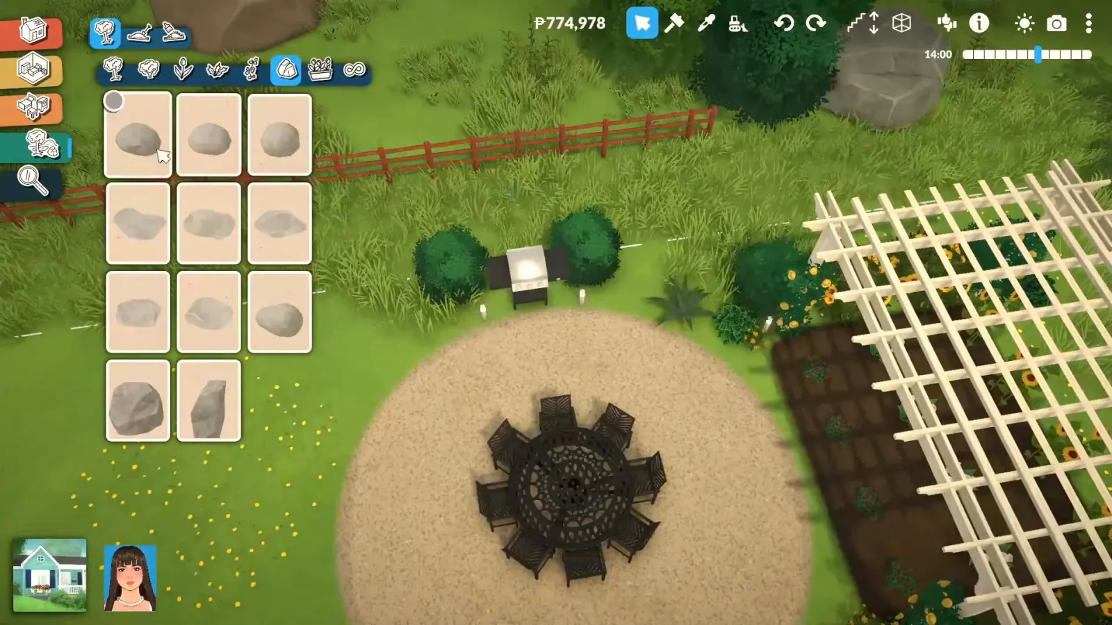 Top-down view of a Paralives bungalow backyard with a round gravel patio, a metal table and chairs, a white pergola beside a planted bed and the rock catalogue open on the left Top-down view of a Paralives bungalow backyard with a round gravel patio, a metal table and chairs, a white pergola beside a planted bed and the rock catalogue open on the left