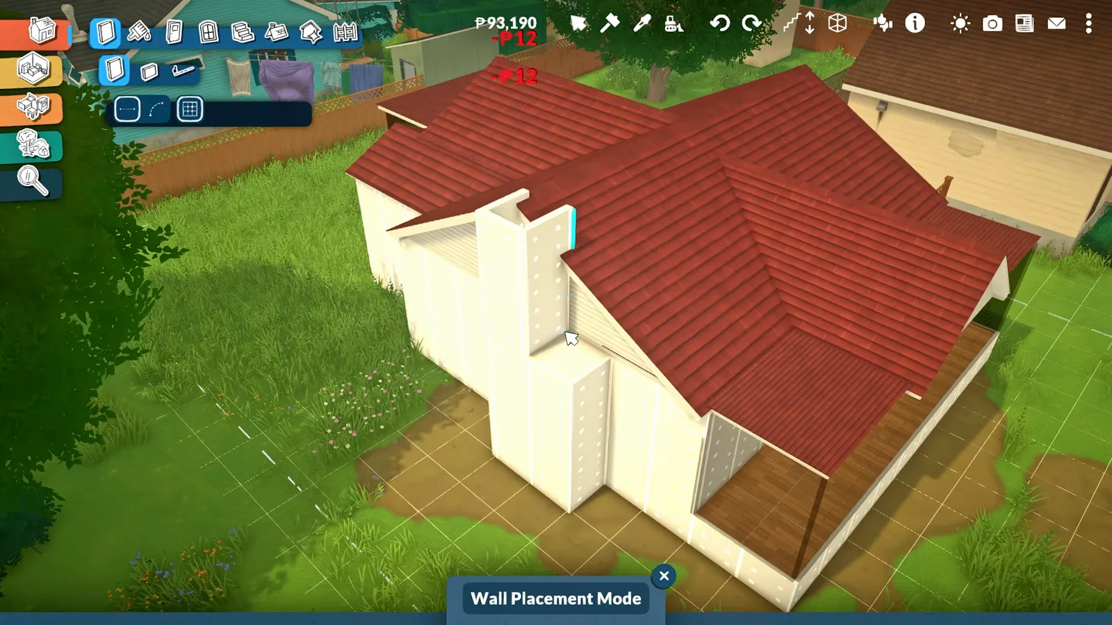 A pale chimney stack rising through the red hip roof of a Paralives bungalow shell while Wall Placement Mode is active. A pale chimney stack rising through the red hip roof of a Paralives bungalow shell while Wall Placement Mode is active.