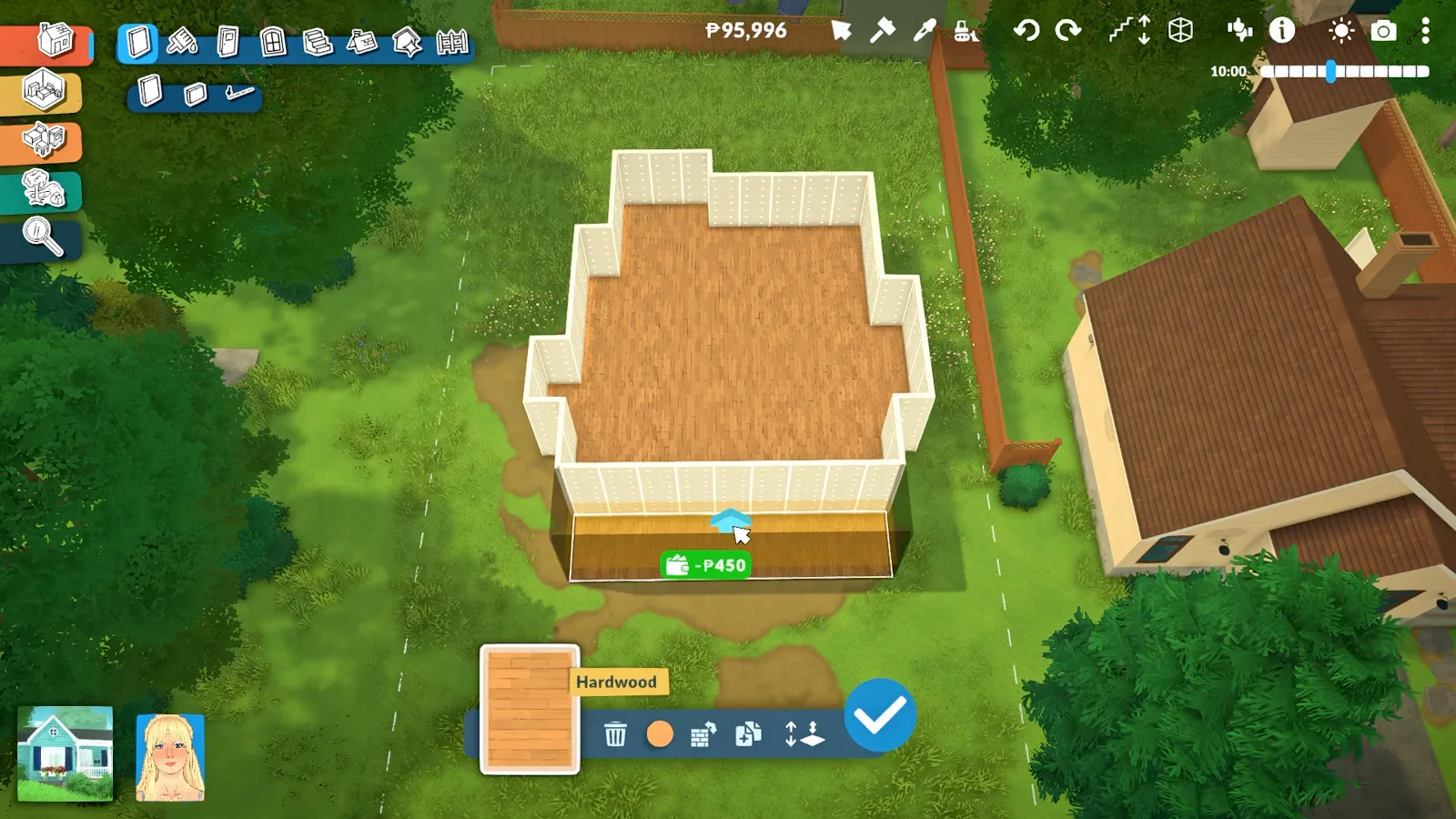 Top-down view of a Paralives bungalow shell showing one continuous hardwood floor plate inside plain exterior walls, with the Hardwood floor tooltip open. Top-down view of a Paralives bungalow shell showing one continuous hardwood floor plate inside plain exterior walls, with the Hardwood floor tooltip open.