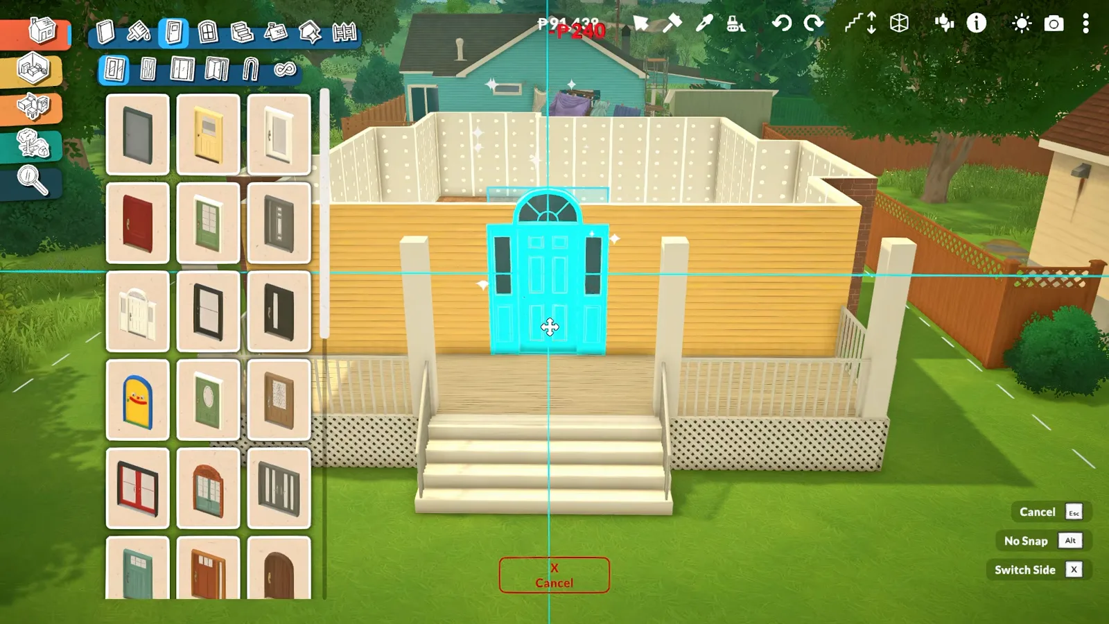 A Paralives front door with a fanlight highlighted in cyan above concrete steps, with the door catalogue open beside a one-storey shell. A Paralives front door with a fanlight highlighted in cyan above concrete steps, with the door catalogue open beside a one-storey shell.