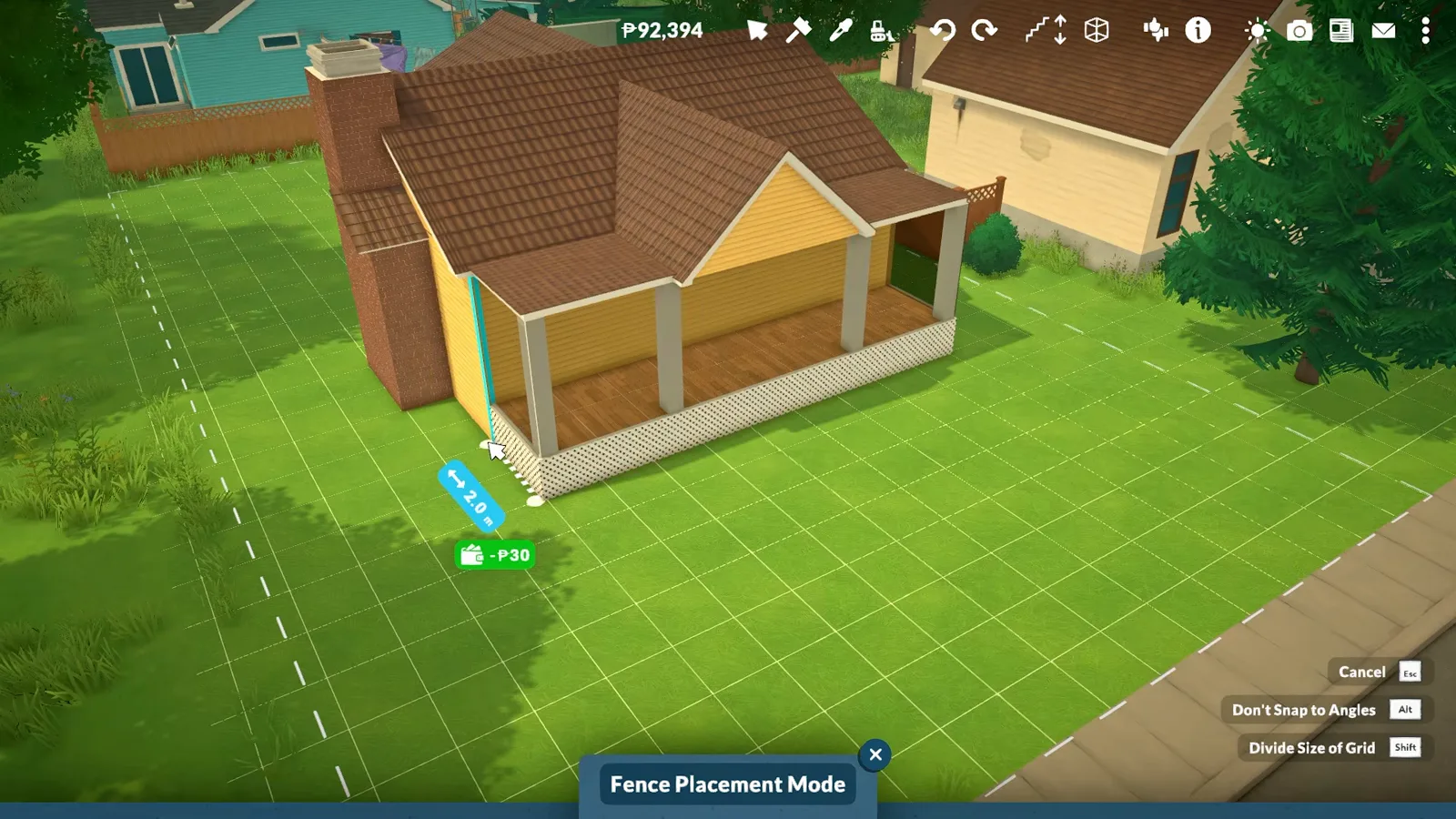 A covered Paralives front porch built with Fence Placement Mode, showing square posts, a railing and lattice skirting under the deck. A covered Paralives front porch built with Fence Placement Mode, showing square posts, a railing and lattice skirting under the deck.