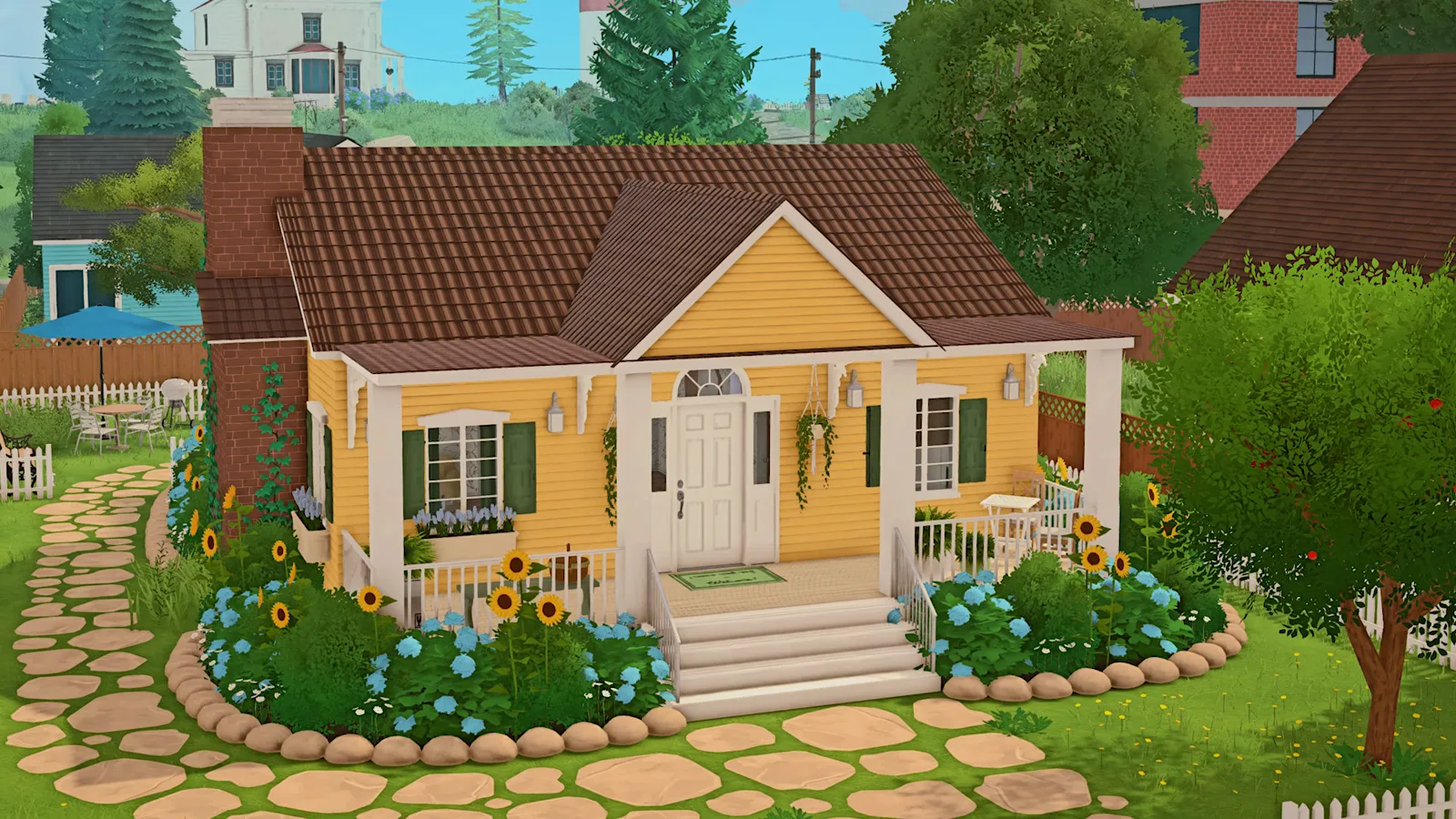 A finished Paralives bungalow with a brown hip roof, a brick chimney, a contrasting yellow front gable and a covered porch reached by short steps. A finished Paralives bungalow with a brown hip roof, a brick chimney, a contrasting yellow front gable and a covered porch reached by short steps.