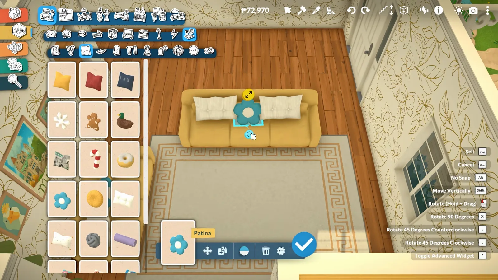 A Paralives living room seen from above with a sofa, a Greek-key rug and the cushion colour swatches open over the seat. A Paralives living room seen from above with a sofa, a Greek-key rug and the cushion colour swatches open over the seat.